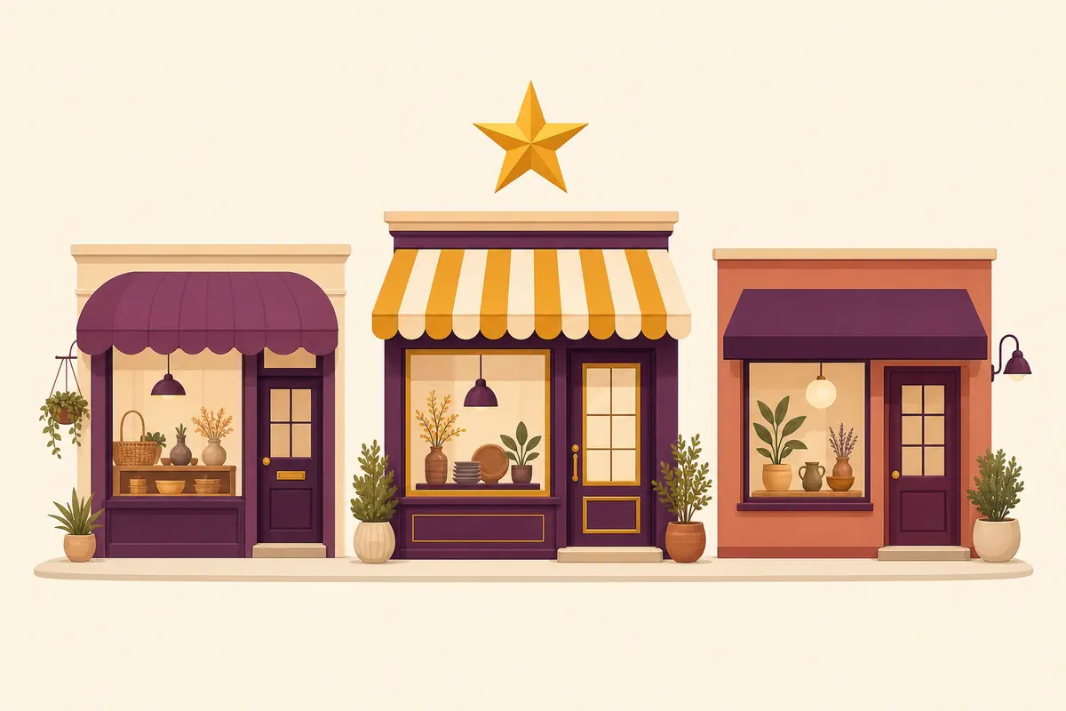 Illustration of three local shopfronts with a gold star above the middle one
