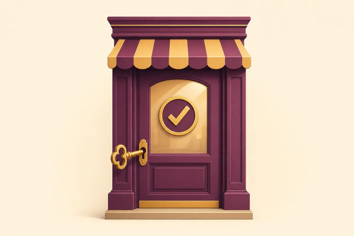 Illustration of a shop door with a gold key in the lock and a check mark on the glass