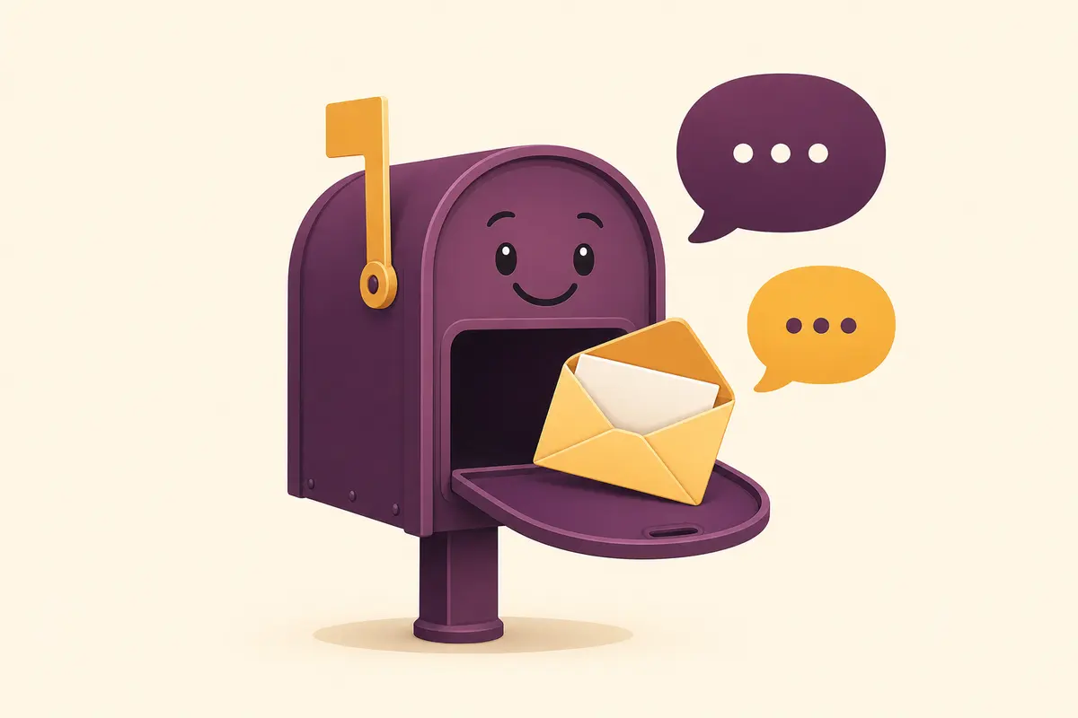 Illustration of a friendly mailbox with an open envelope and two speech bubbles