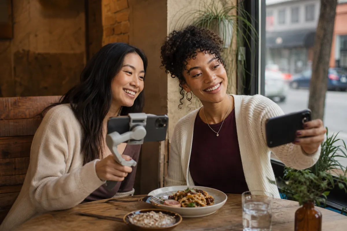 Two smiling creators filming a plate of food with phones at a neighborhood restaurant (AI-generated image)