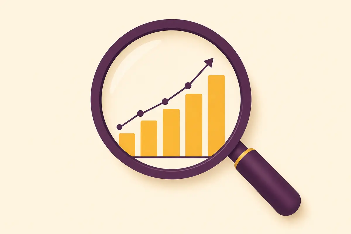Illustration of a magnifying glass over a rising bar chart