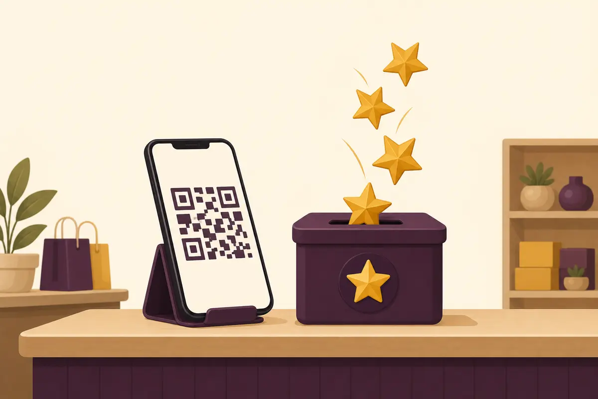 Illustration of a shop counter with a phone showing a QR code beside a ballot box with gold stars dropping in