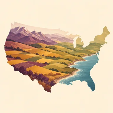 Illustration of United States: a wide patchwork of farmland, rolling hills, mountains and a coastline